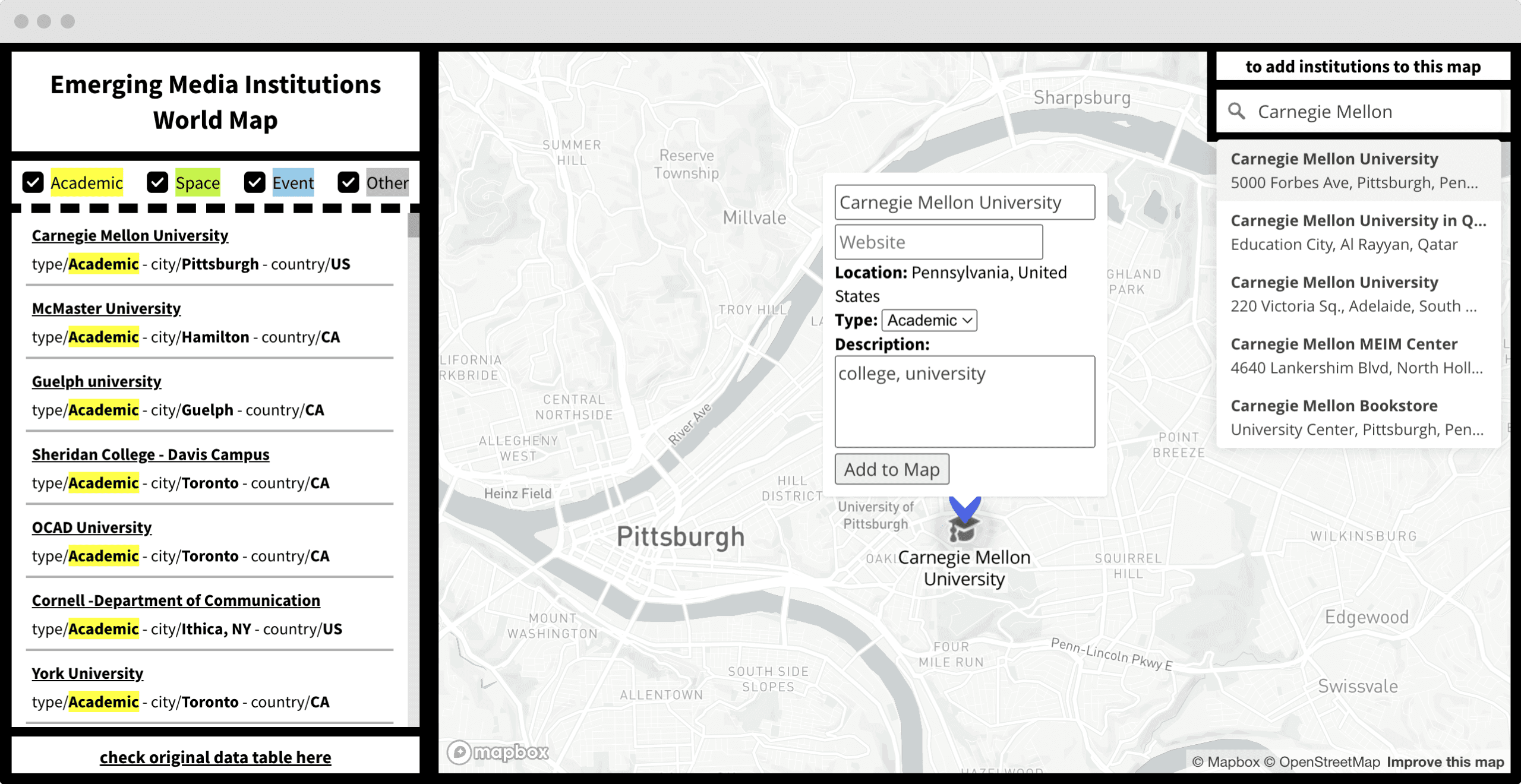 Example: Adding Carnegie Mellon using geocoder search