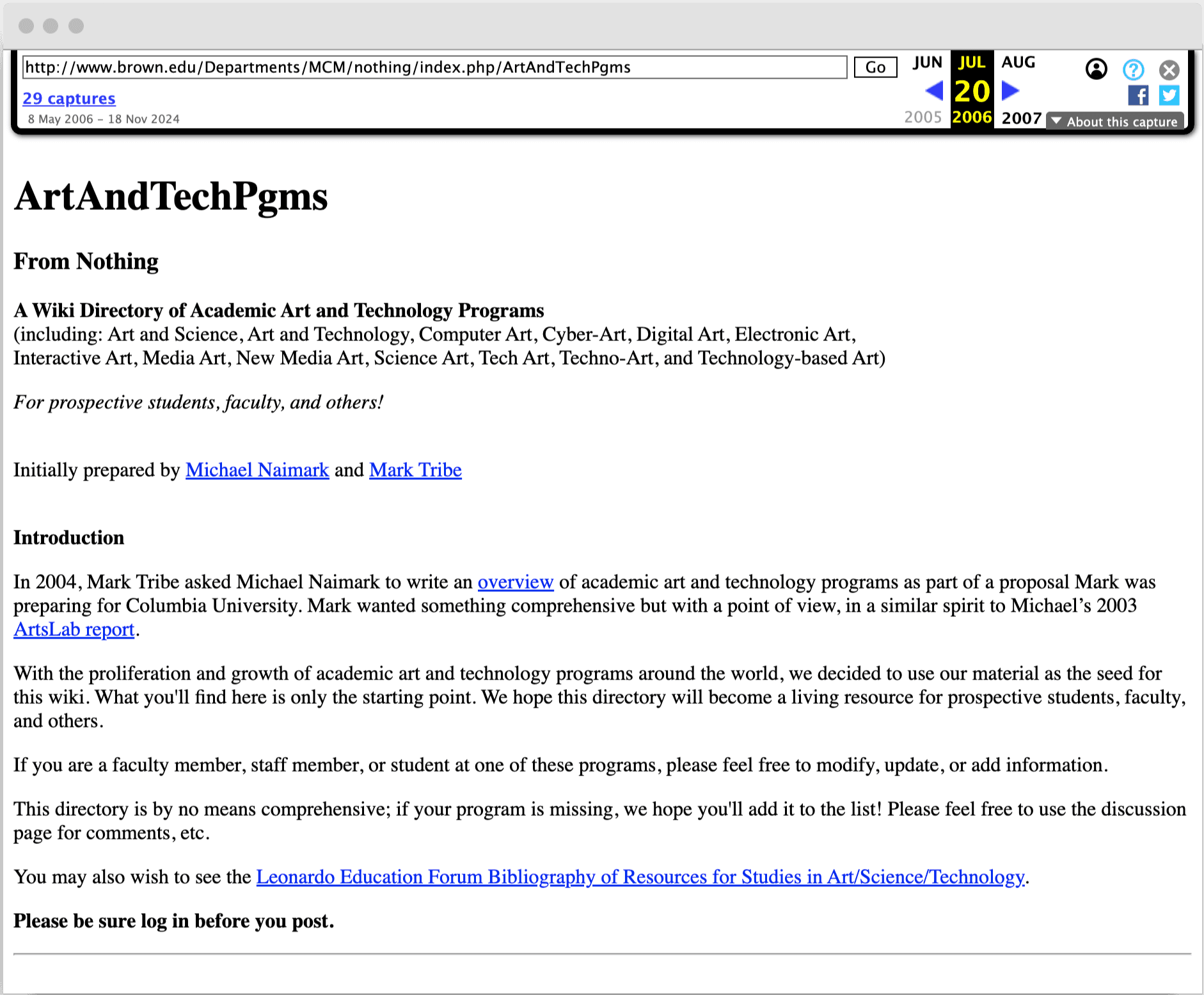 ArtAndTechPgms wiki, snapshot from 2006