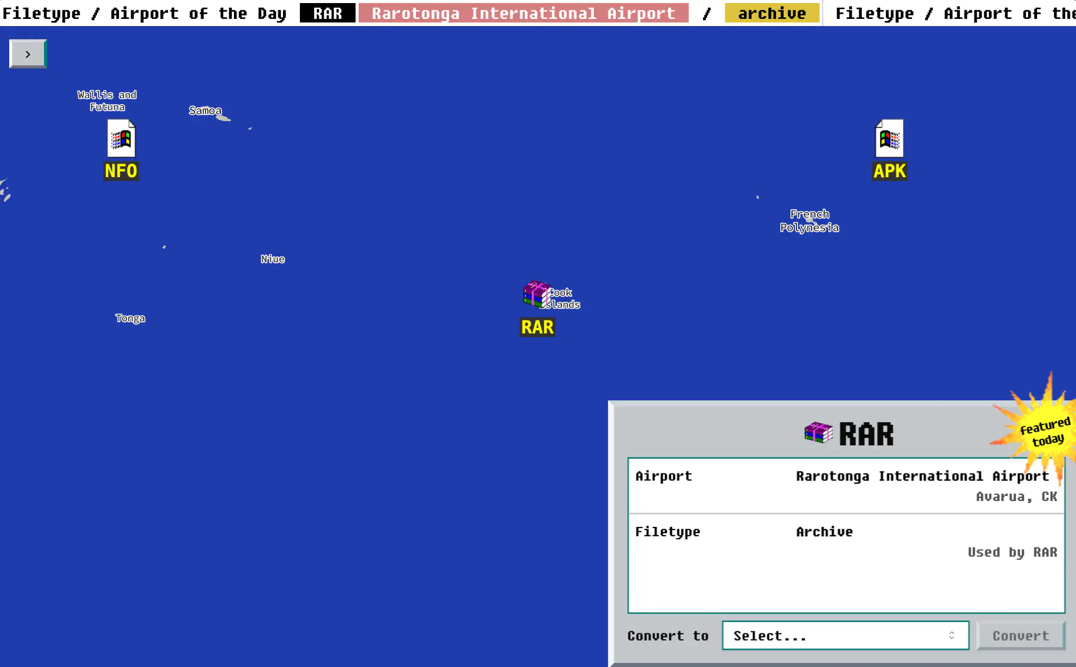 Today's pick is RAR: the Archive file format, located in the Cook Islands