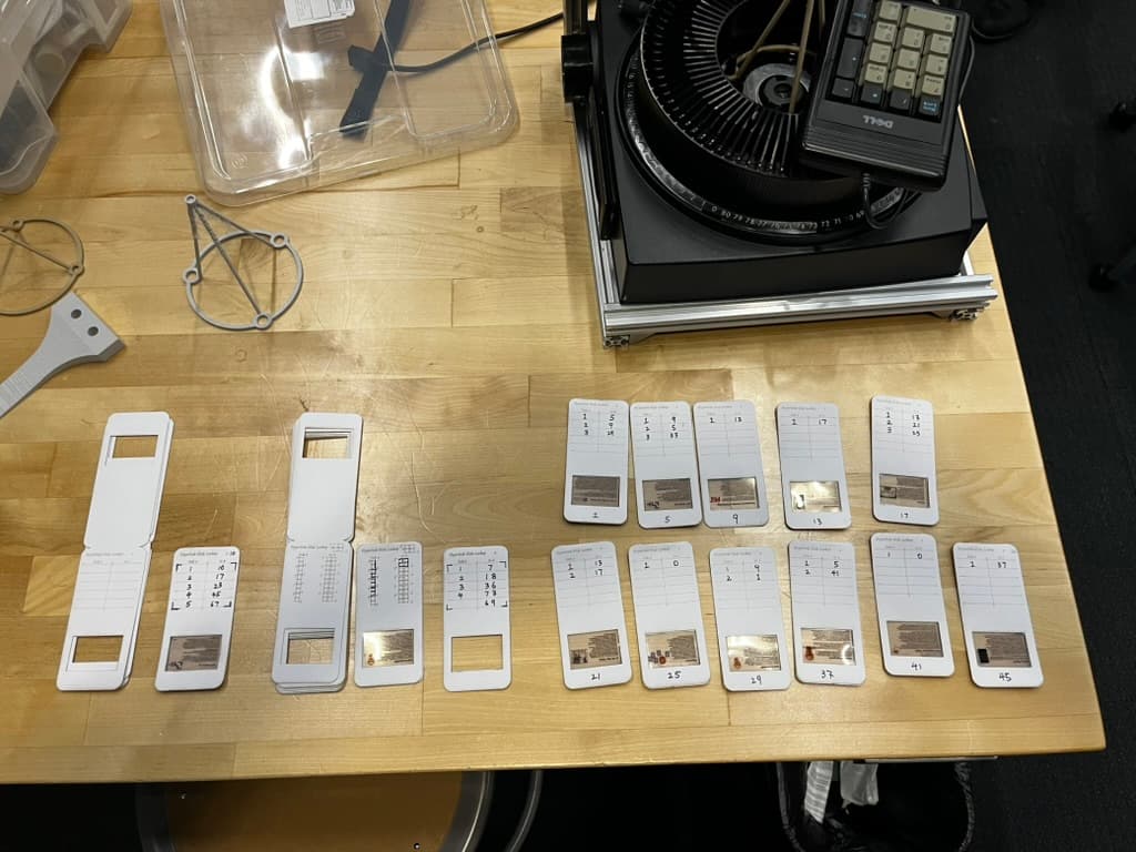 The full set of HyperSlides, printed on transparency film with handwritten lookup tables