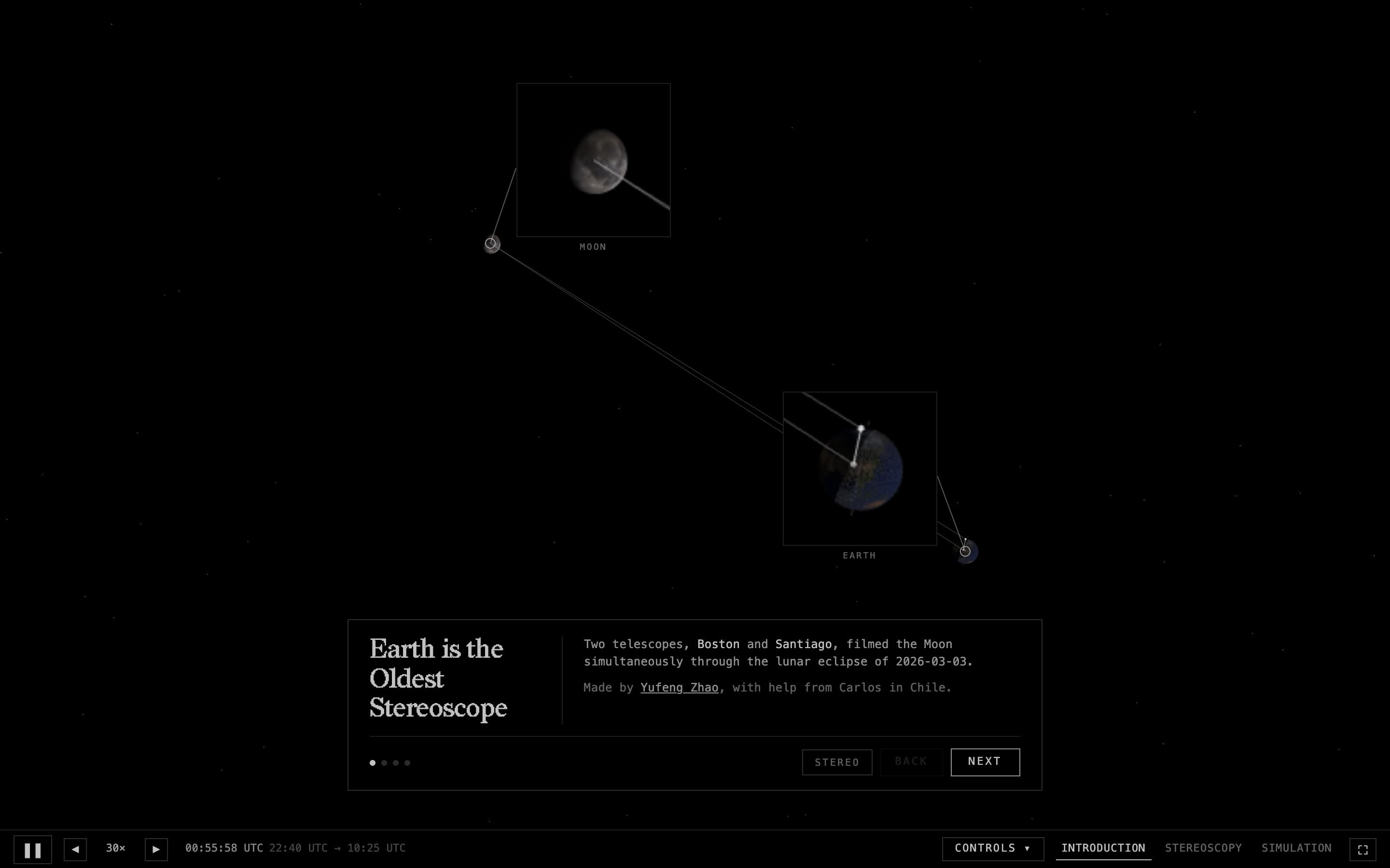 Viewer, opening card. Earth and Moon for the first overlap second, with magnifier windows of what each telescope is seeing.